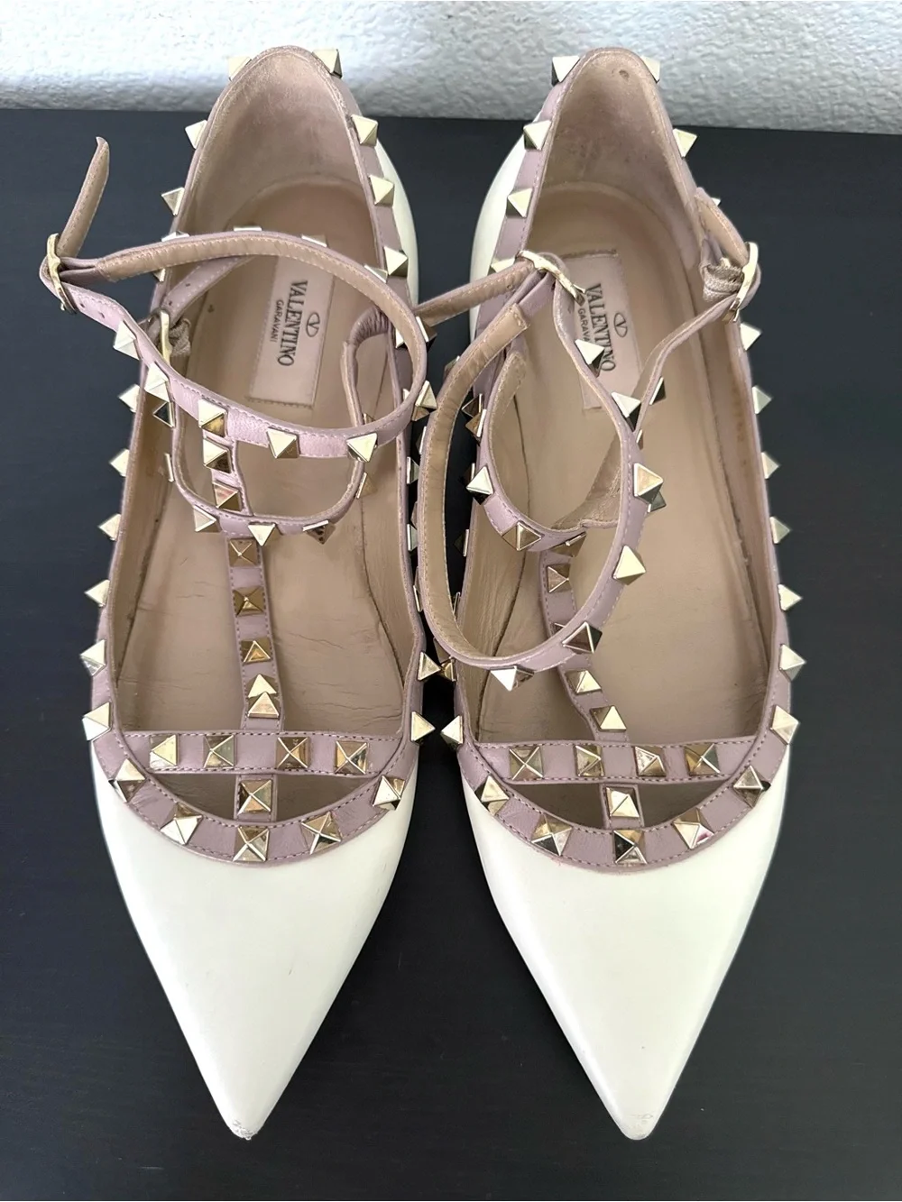 Valentino Rockstud Ankle Strap Pointy Toe Flats